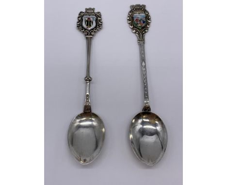 2 silver German spoons with enamel town names for finials. 