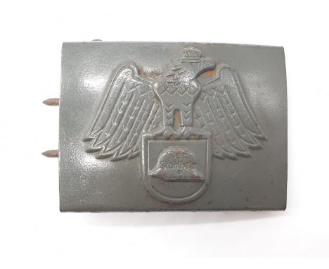 German Stahlhelm belt buckle. This is the rarer model having the eagle over the shield and helmet. Condition is good to front