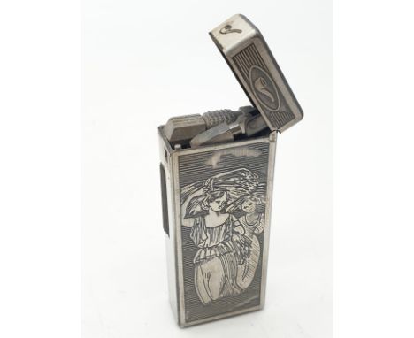 Vintage rare Win lighter chased engraving of ladies carrying harvest. White metal. 