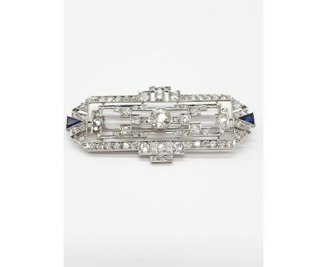Art deco 1920's diamond and sapphire brooch, approx 4.93ct of diamonds set in 9ct white gold, weight 8.8g and size 6 x 2.5cm 