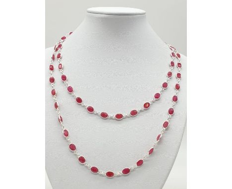 A Ruby Gemstone Long Chain Necklace in Sterling Silver 36 inches 