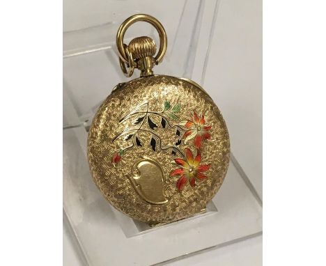 Antique ladies solid gold Pocket watch with enamel back , ticks but sometimes stops