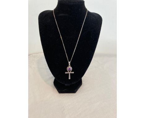Silver Celtic cross  set with large circular amethyst mounted on silver chain. Silver chain 45 cm approx. / Silver cross 4.4c
