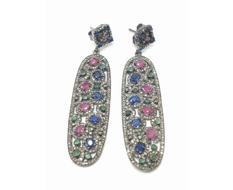 Ruby and Blue Sapphire Gemstone Dangler Earrings in sterling silver with rose cut diamonds 