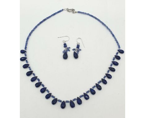 Tanzanite and Blue Sapphire Drops Necklace with Sterling Silver Clasp 