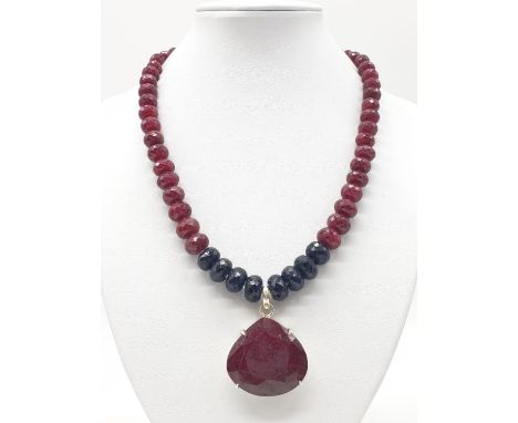 A Ruby and Blue Sapphire Gemstone Necklace With Ruby Pendant over 150cts in sterling Silver 