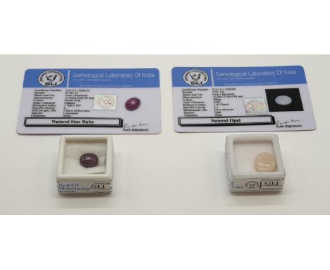 Set of two certified gemstones GLI CERTIFIED:450cts white natural opal 6.100ct purple pink natural star ruby 