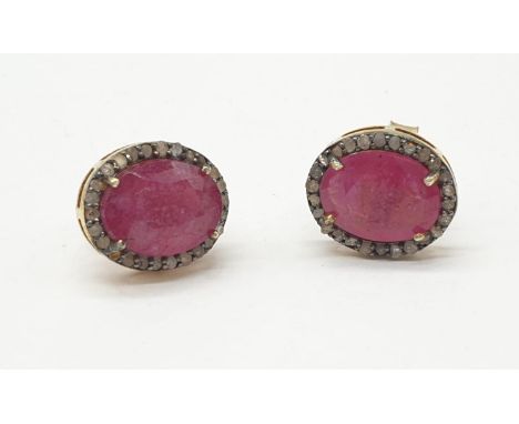 Pair of Ruby Gemstone Studs earrings with rose cut diamonds 