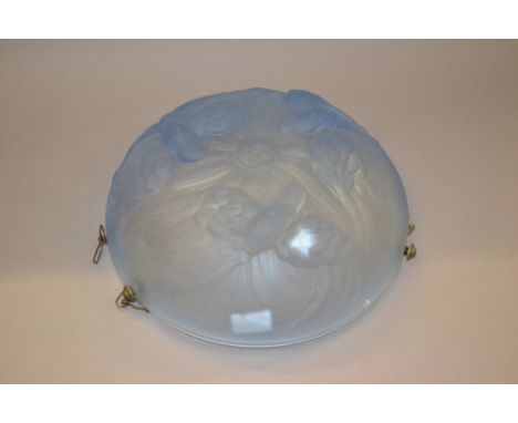 Art Deco pale blue glass light fitting decorated in high moulded relief with exotic birds, unsigned