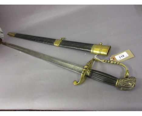 Reproduction sword with single fuller blade, engraved Davis Brown, Boston with brass hilt and leather mounted scabbard