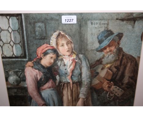 E. Levorati, watercolour, figure playing guitar with two girls in an interior, signed, gilt framed, 12.5ins x 15.5ins