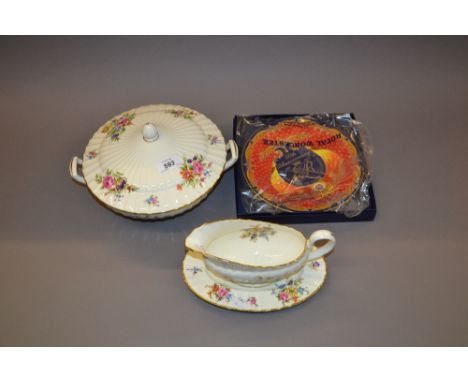 Royal Worcester Roanoke tureen with cover together with a matching sauce boat and a Royal Worcester boxed Coronation plate 