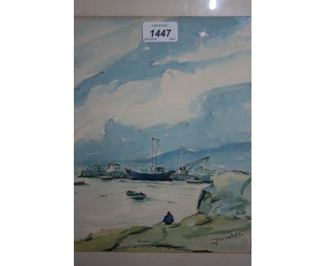 20th Century watercolour, figure seated by an estuary with moored boats, indistinctly signed, gilt framed, 11.5ins x 9.5ins, 