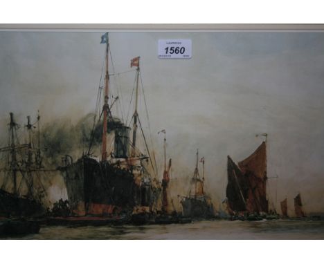 Gilt framed coloured print, steam ship and various sail boats after Charles Dixon, 10ins x 30ins