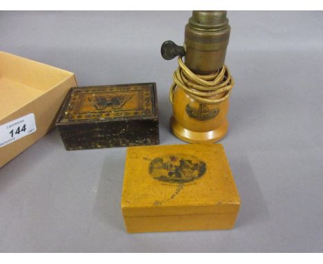 Early 20th Century Mauchline ware lamp, a Tunbridge ware box with butterfly decoration and a Mauchline box