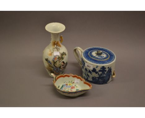 18th Century Chinese blue and white teapot (at fault), a baluster form vase (at fault) and a famille rose sauce boat (at faul