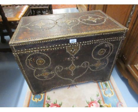 19th Century brown leather and brass studded trunk, 26ins wide x 15.5ins deep x 20ins high