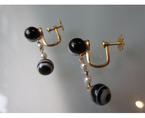 Pair of Victorian banded agate and seed pearl screw back drop earrings