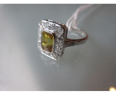 18ct White gold rectangular yellow sapphire and diamond cluster ring