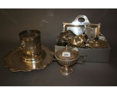 Continental plated two handled pedestal bowl with cover, together with a three piece plated tea service and sundry other plat