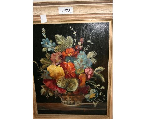 Oil on board, still life, flowers in a basket on a table top, a Japanese silk picture depicting a cockerel and flower, framed