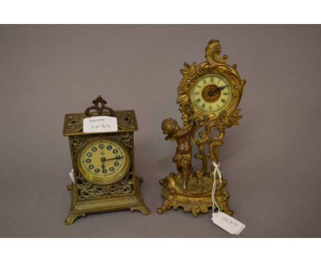 Small 19th Century French gilt metal mantel clock in the form of a cherub supporting a rococo style clock case together with 