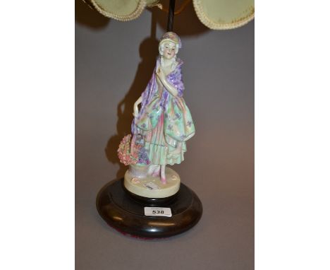Royal Doulton figural table lamp in the form of a girl wearing a bonnet and carrying a basket of flowers