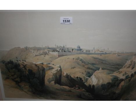 Framed coloured print, view of Jerusalem after David Roberts