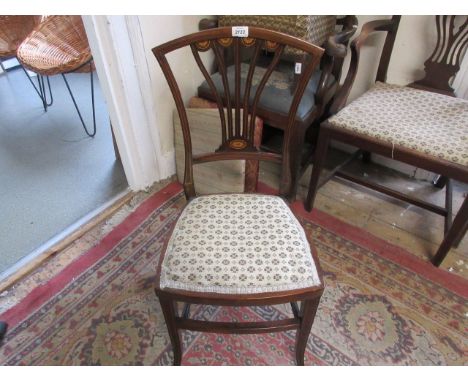 Edwardian mahogany and inlaid side chair, together with an oak stick stand and a reproduction mahogany fret work wall mirror