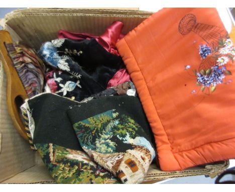 Small box containing a quantity of various embroidered textiles 