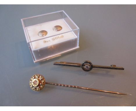 Art Deco diamond set tie pin / bar brooch, a 9ct gold and diamond set stick pin and two pairs of 9ct gold ear studs