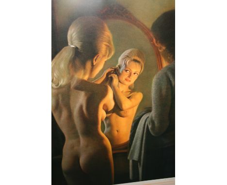Reza Samimi, signed Limited Edition coloured print, nude female looking in a mirror, 27ins x 22ins, gilt framed