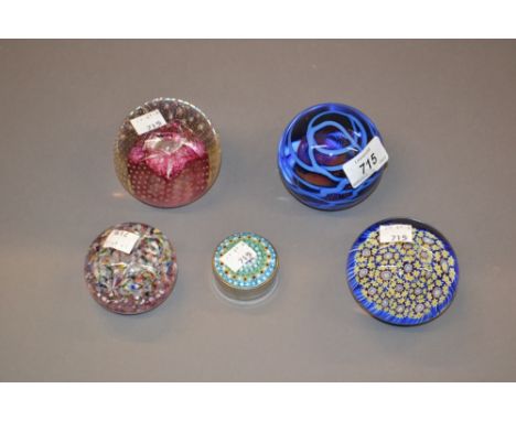 Collection of five various glass paperweights by Caithness, Perthshire etc