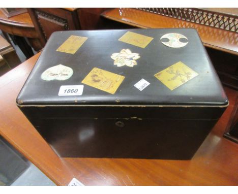 19th Century Japanese lacquered tea caddy with various external decorative inlays and engraved metal decorated interior
