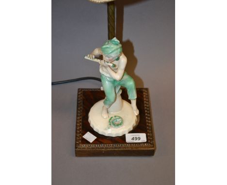 Early 20th Century K.P.M. figure of a flautist mounted to a table lamp base (at fault)