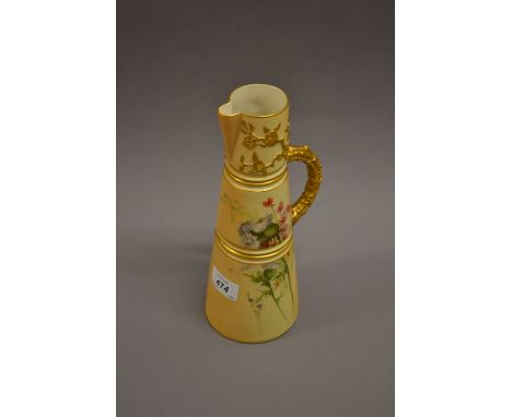 Royal Worcester Japanesque vase of ribbed tapering form with gilt simulated bamboo handle, painted with thistles and wild flo