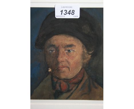 William Strang, monogrammed watercolour, portrait of a gentleman with a clay pipe, 6.5ins x 5ins