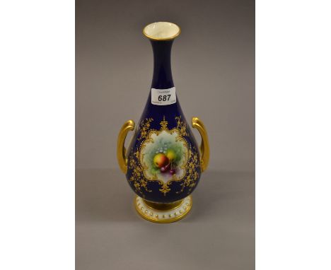 Royal Worcester baluster form vase with narrow neck and gilt side handles painted with a vignette of fruits, signed Chivers, 