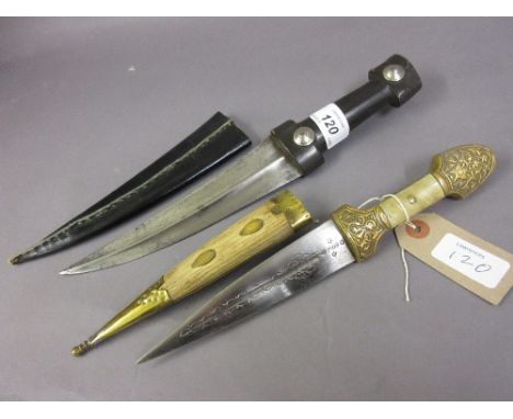 Dagger with horn handle with leather sheath and a brass and horn mounted dagger with wooden and brass scabbard