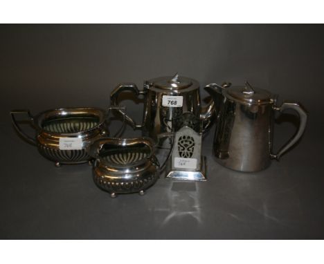 Silver plated Art Deco style teapot and hot water pot, plated posy holder and a plated cream jug and sugar bowl