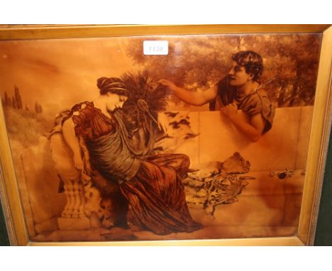 Large cristoleum picture, classical maiden seated on a marble bench and tiger skin rug, 15ins x 21ins in a lacquer frame