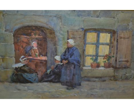 Terrick Williams, watercolour heightened with body colour, a group of four Breton ladies outside a lamp lit doorway in the wi