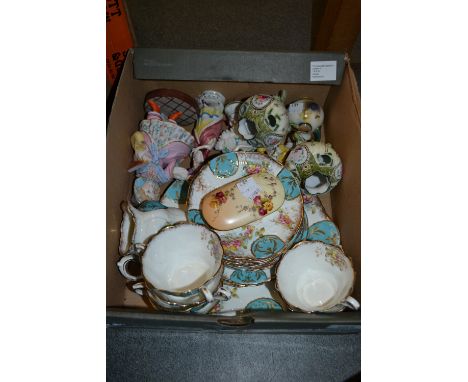 Five various continental porcelain figures, pair of continental vases, a Worcester oval trinket dish and a small dish (both a