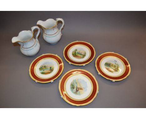 Set of four 19th Century English porcelain dessert plates painted with landscapes, pair of 19th Century pottery jugs and a Mi