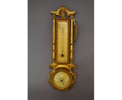 Small carved wooden and gilded barometer thermometer (at fault)
