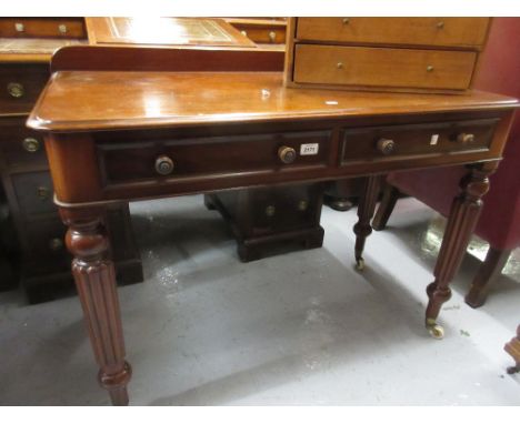 Victorian mahogany side table, the moulded top above two frieze drawers raised on turned reeded tapering supports with brass 