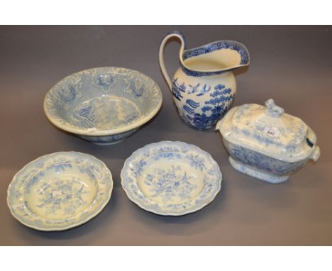 19th Century blue and white transfer printed tureen with cover in Asiatic Pheasant pattern together with a blue and white wat