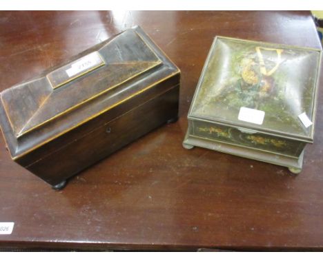 19th Century rosewood and boxwood line inlaid sarcophagus shaped three division tea caddy (at fault) and a floral painted tin