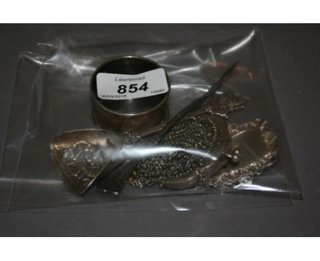 Silver napkin ring, gin decanter label and a Dutch spoon together with a plated purse and a pick