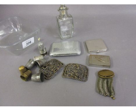 Pair of 19th Century brass and cut steel buckles, silver thimble and various other thimbles, small chain link purse, Coty com